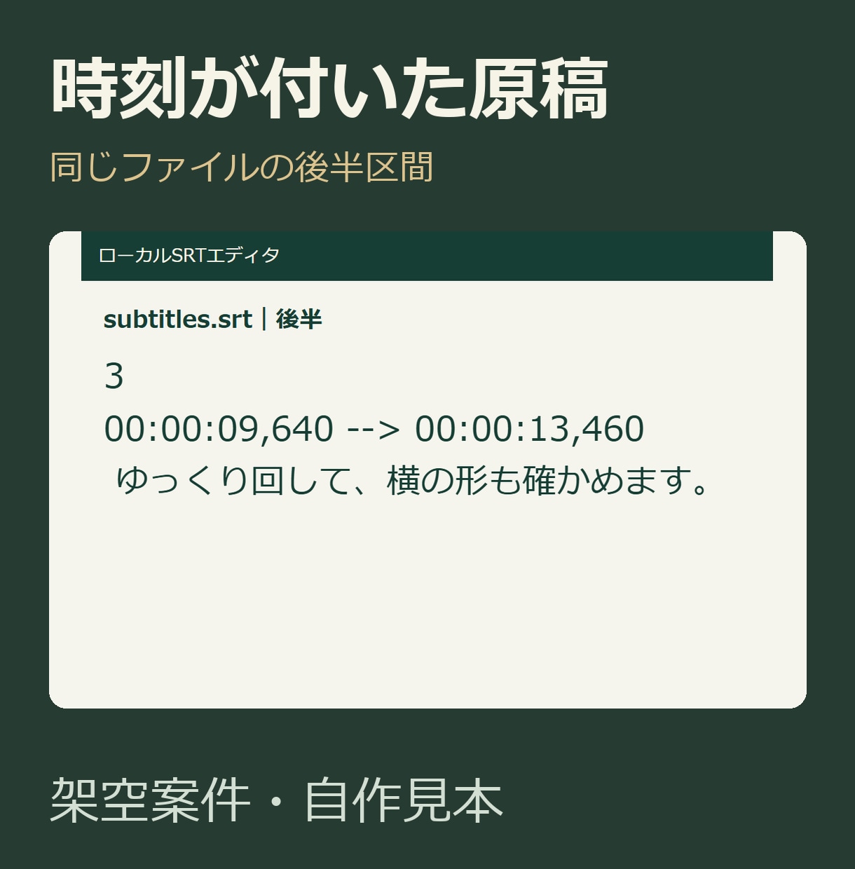 原稿と音声からSRT字幕を作ります 話者1人・15分まで確定原稿に表示時刻を イメージ2