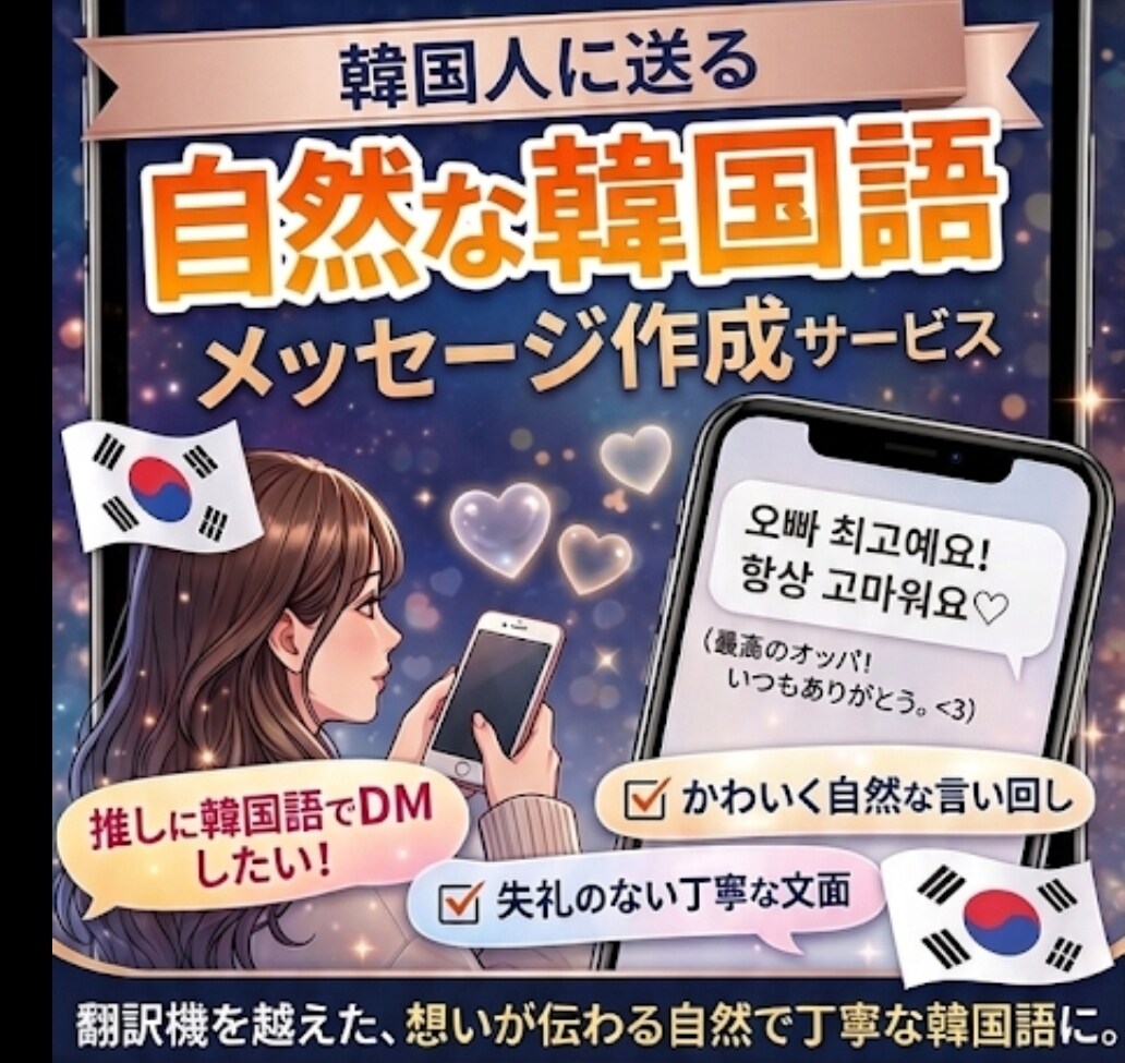 韓国人に送る自然な韓国語メッセージを作成します 翻訳機っぽくない、自然で失礼のない韓国語に整えます イメージ1