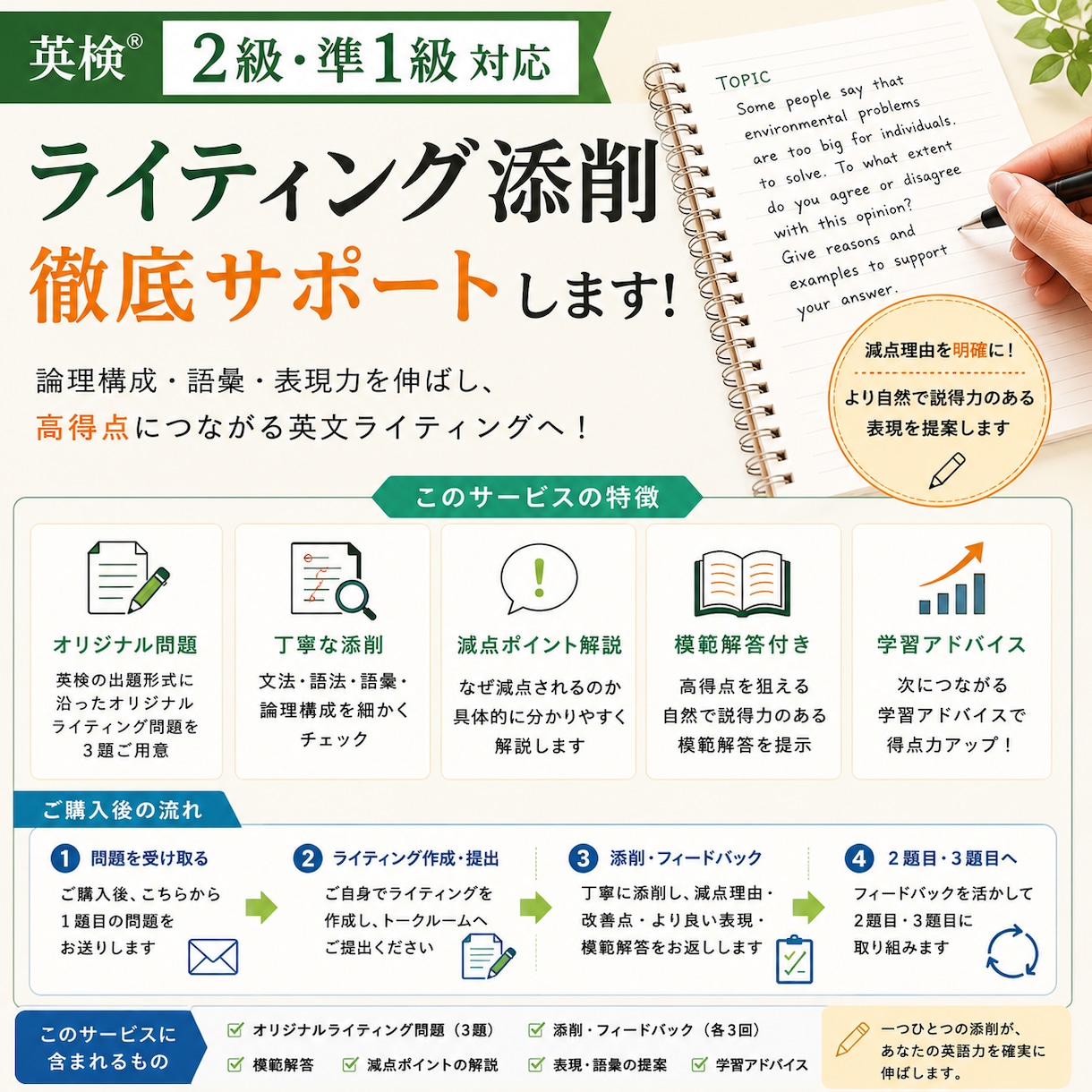 英検2級・準1級｜ライティング3本を徹底添削します なぜ減点される？更に良い表現は？を含めた添削をお返しします イメージ1