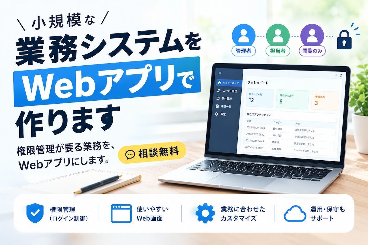 小規模な業務システムをWebアプリで作りますます 権限管理が要る業務を、Webアプリにします。相談無料 イメージ1
