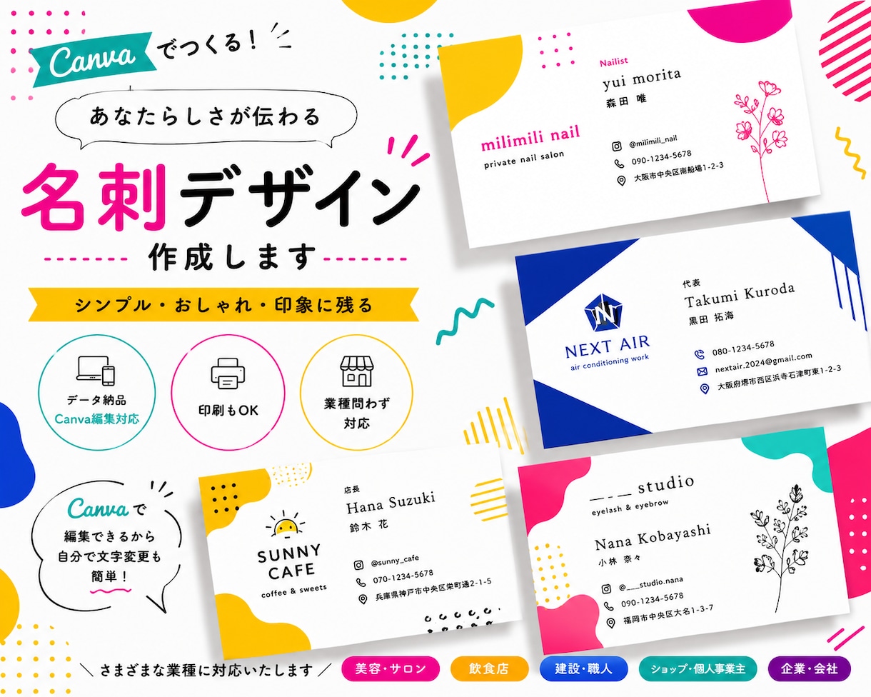 1人1人に合った名刺作成いたします シンプル・かっこいい・ポップなどなど、幅広く対応します。 イメージ1