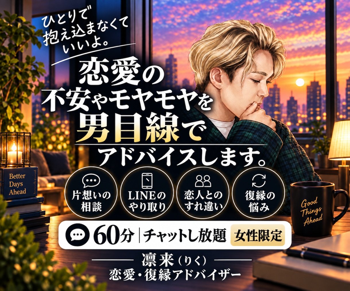 恋愛の不安やモヤモヤを男性目線で優しくお聞きします 女性限定｜60分チャットし放題♪男心も気軽に相談OK イメージ1