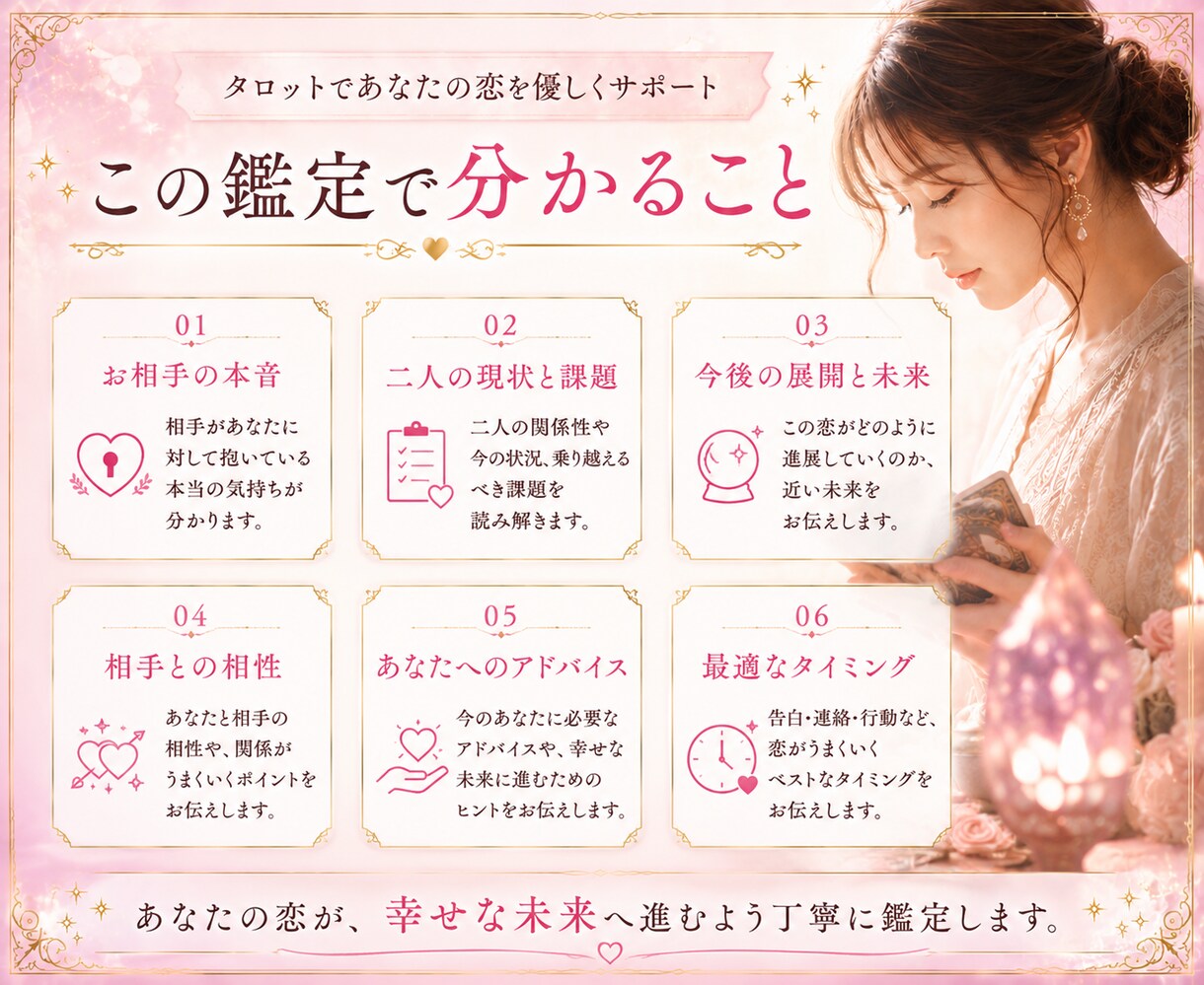 誰にも話せない恋を丁寧に鑑定します 相手の本音とこれからの流れを読み解きます イメージ3