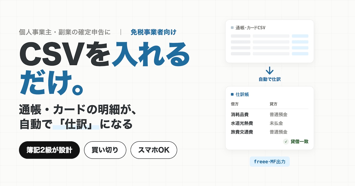 CSVを貼るだけ！自動で仕訳するツール渡します 簿記知識ゼロ・入力ほぼゼロ｜仕訳帳・試算表まで自動作成 イメージ1