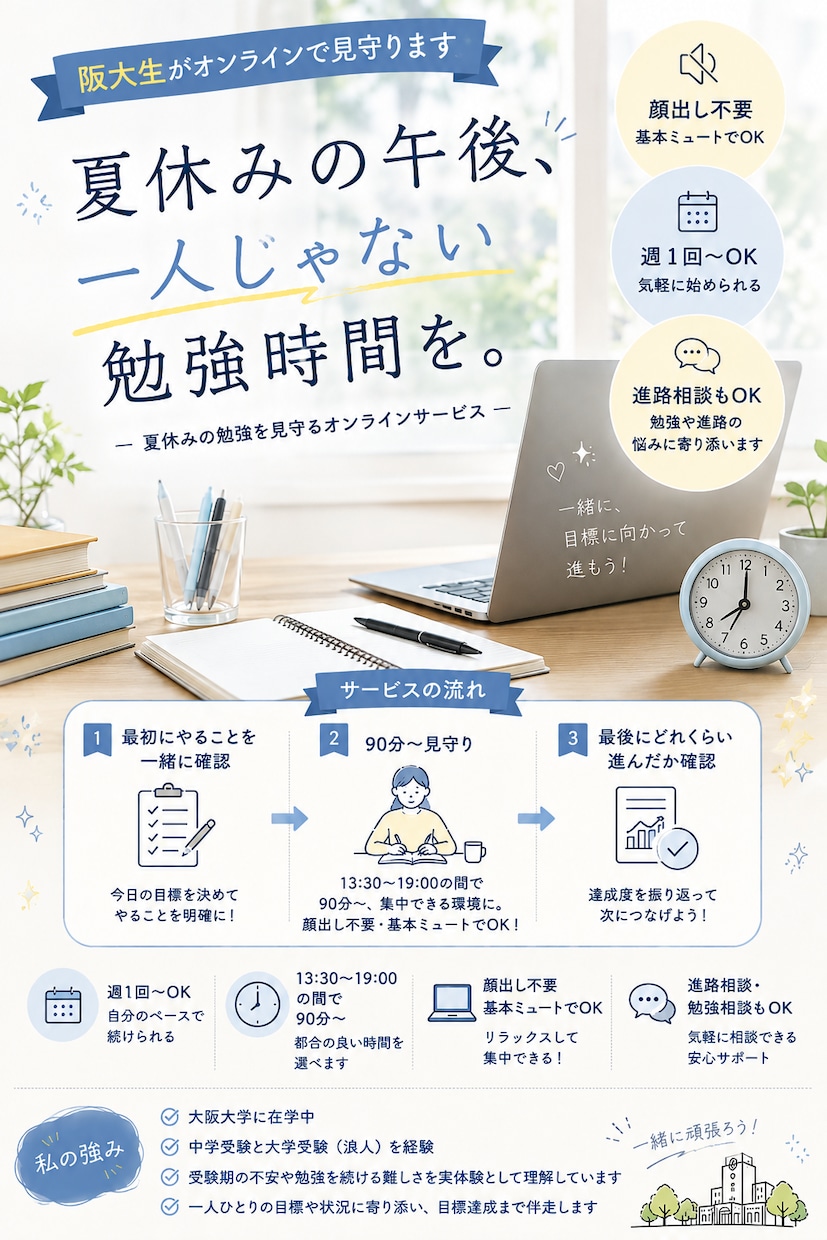 夏休みの学習習慣を作ります 夏休みの午後の勉強時間を確保！現役阪大生が自習を見守ります。 イメージ1