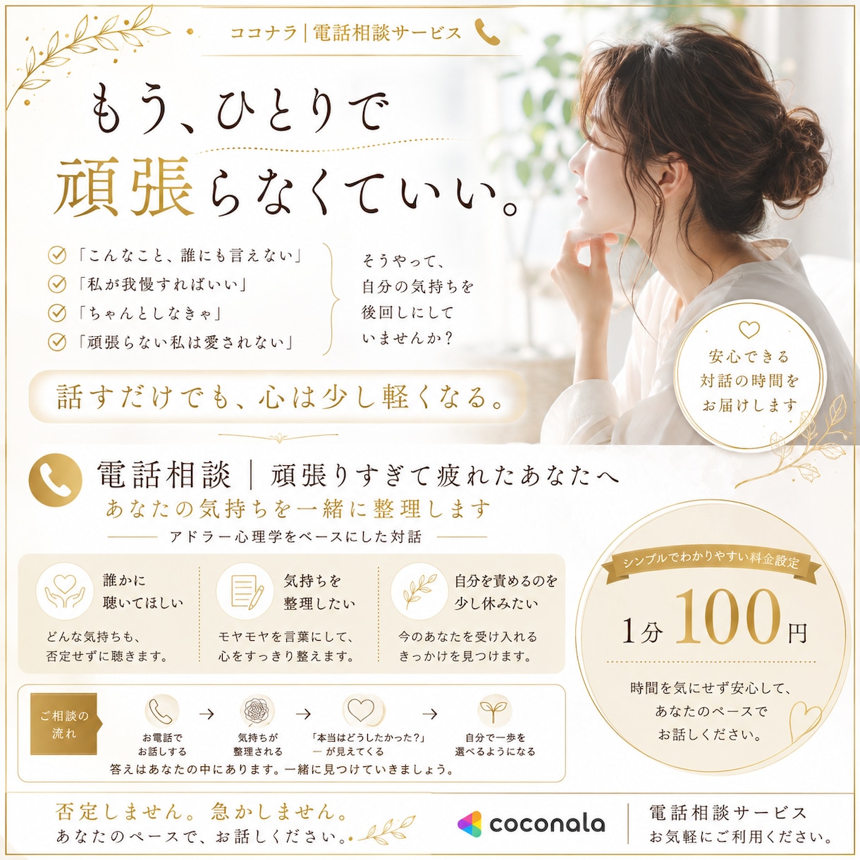 ひとりで頑張らなくていい。気持ちを一緒に整理します 「誰にも言えない」そんな気持ちこそ安心して話してください。 イメージ1