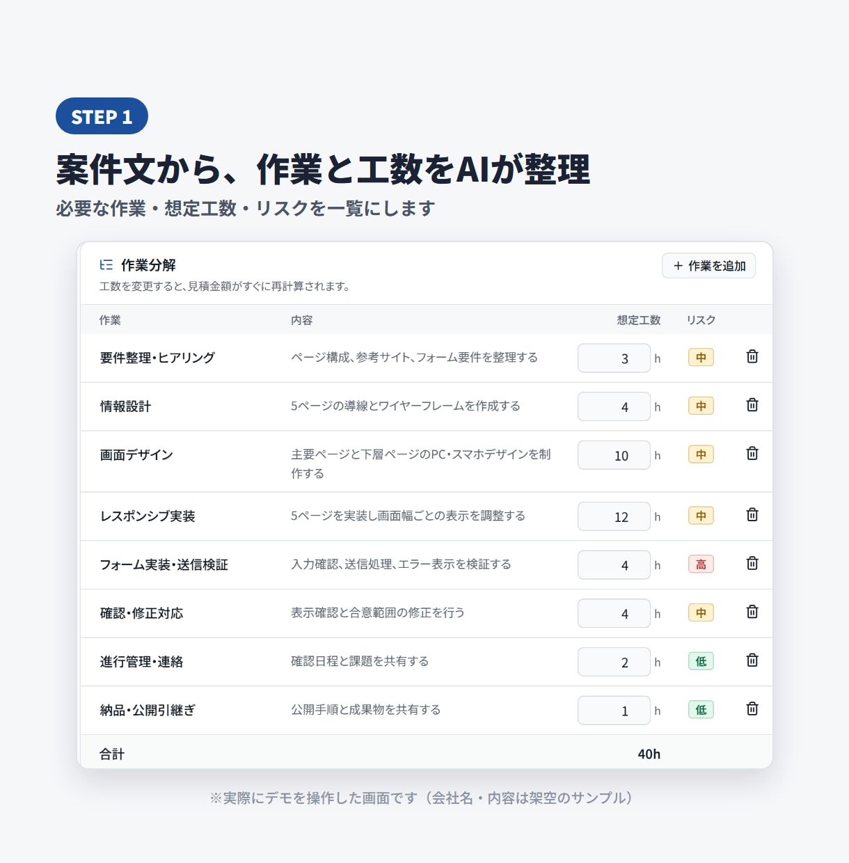 案件文から見積案と提案文を作るAIツールを作ります 作業の洗い出し・工数・見積案・提案文をAIが整理 イメージ2