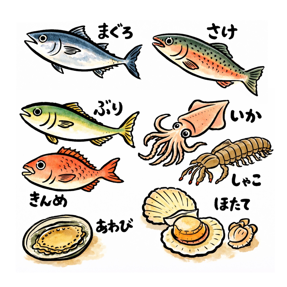 魚介のイラスト（手描き風・ゆるかわ系）　制作します 用途に合わせたタッチでオリジナル制作 イメージ1