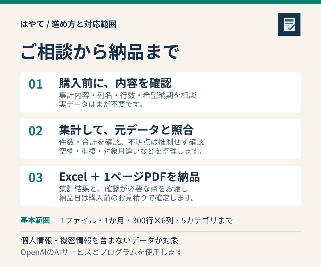 Excelの月間売上をカテゴリ別に集計します 300行まで。件数・合計と確認事項を1枚に イメージ2