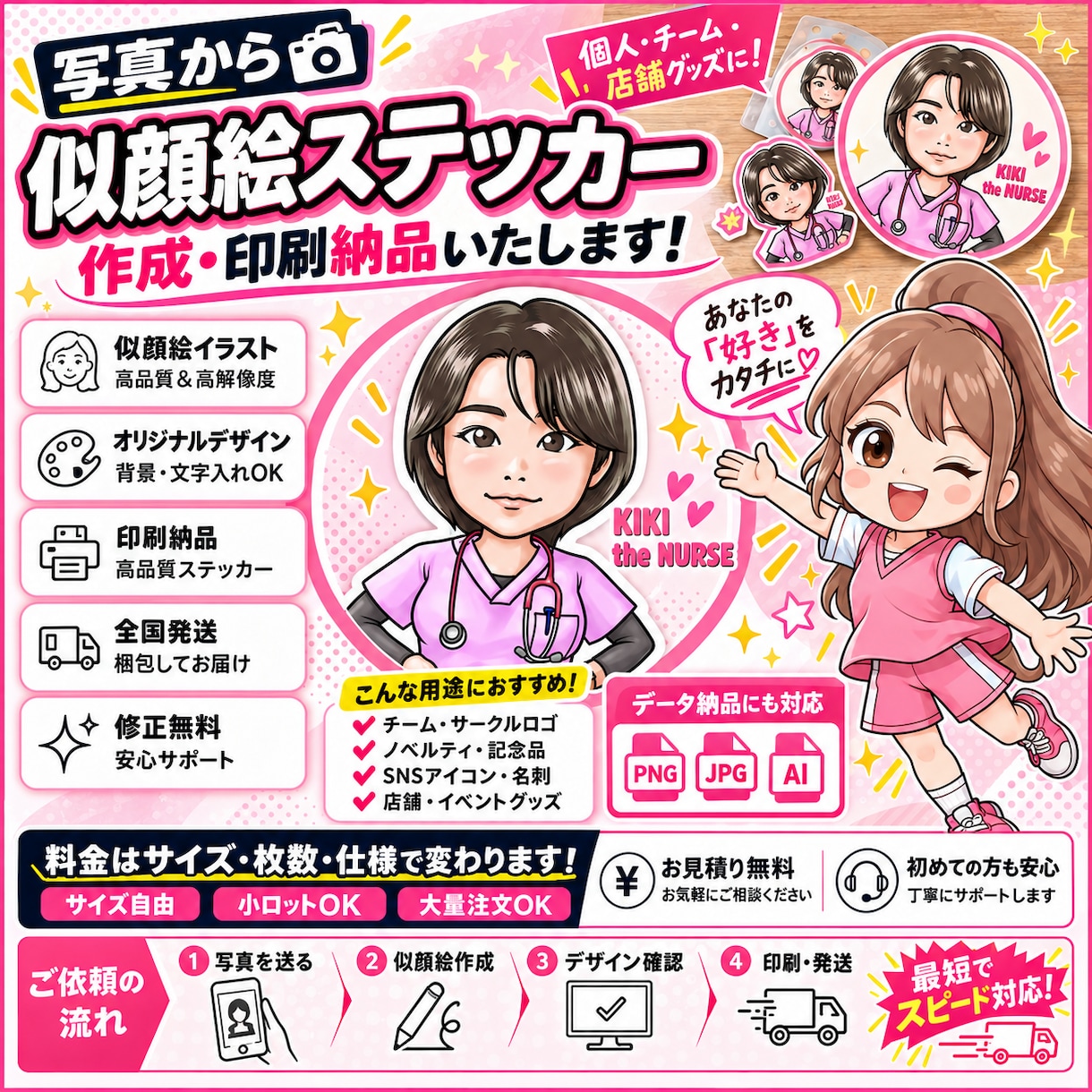 似顔絵ステッカー作成・印刷納品致します 似顔絵エンブレムの作成から印刷依頼・納品までをいたします。 イメージ1
