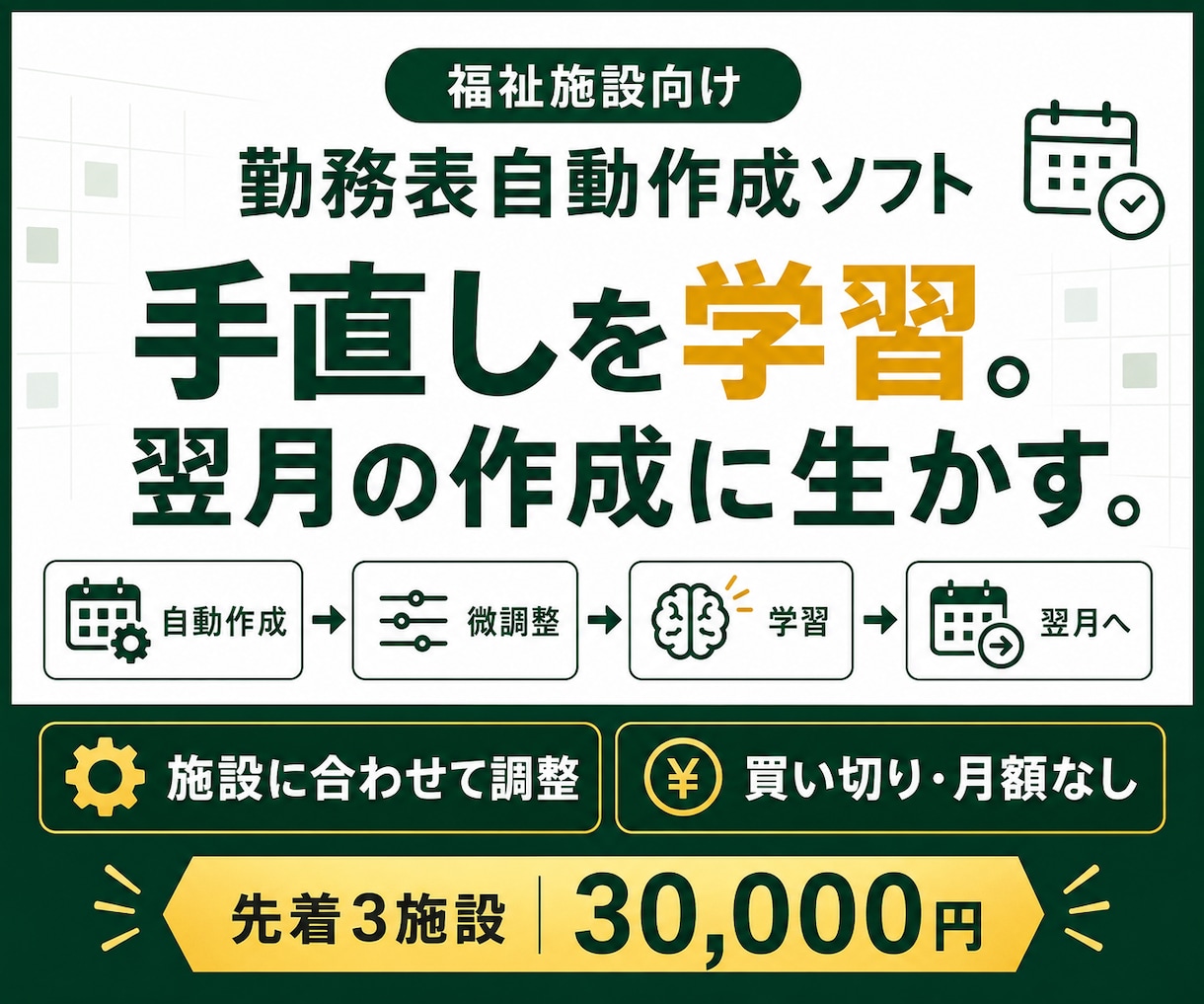 福祉施設向け学習機能付き勤務表ソフトを提供します 毎月の手直しを翌月へ。施設に合わせて調整・買い切り イメージ1