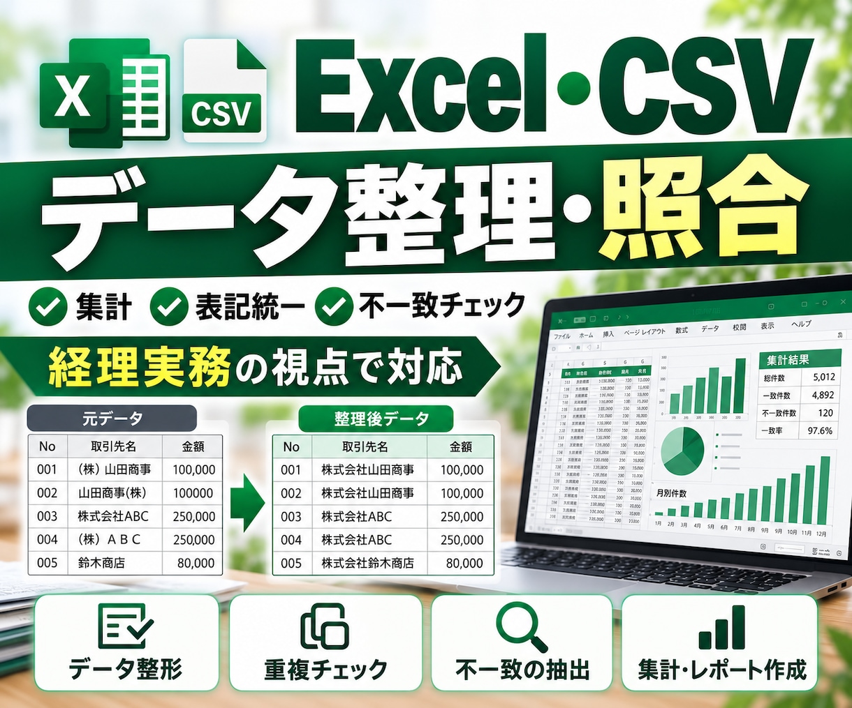 Excel・CSVデータを整理・照合します 経理実務の視点で、集計と確認の手間を減らす イメージ1