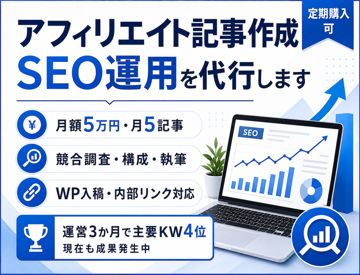 アフィリエイト記事作成とSEO運用を代行します 運営3か月で主要KW4位・現在も成果発生中 イメージ1