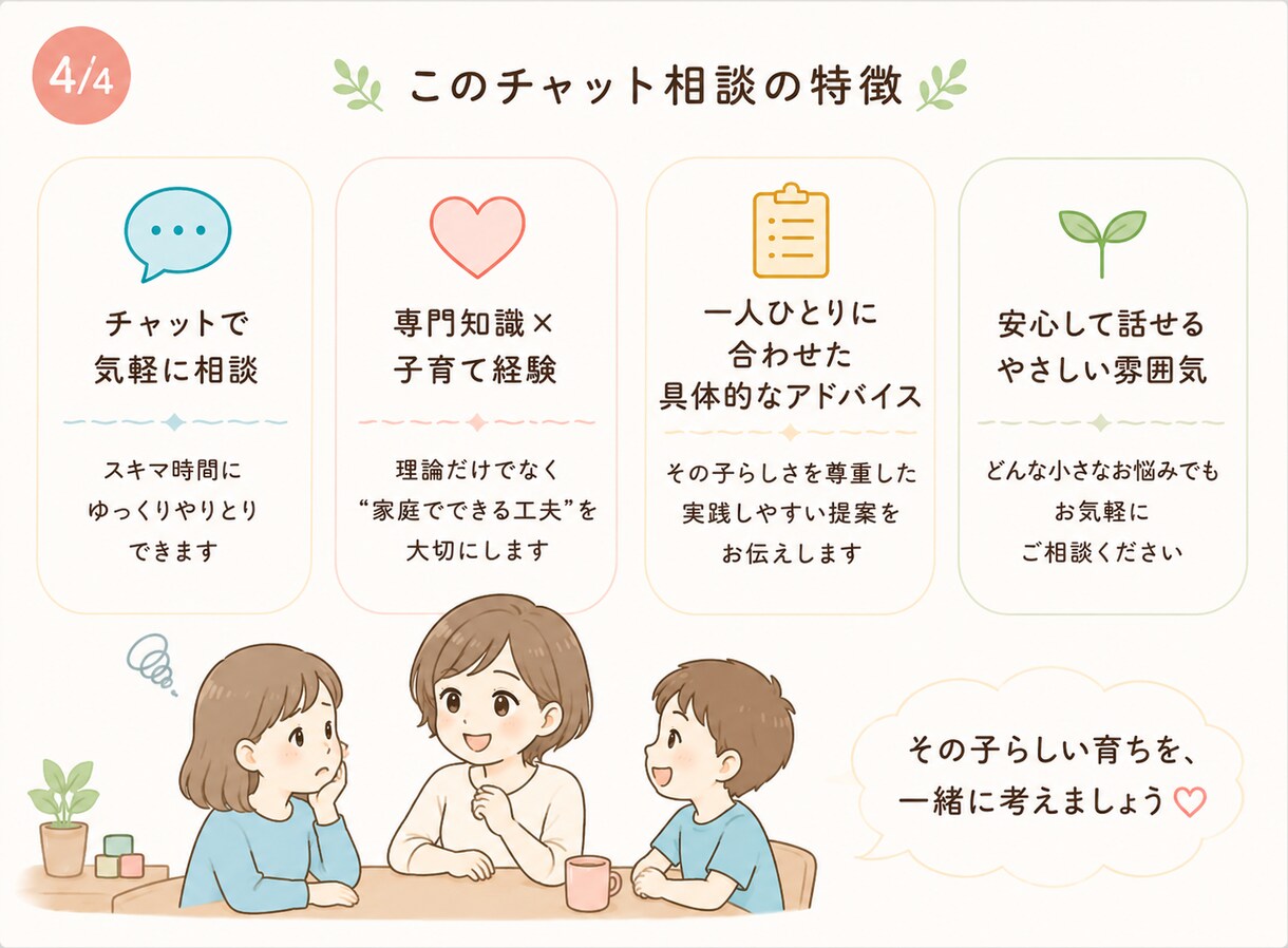 うちの子ASD/ADHD？チャットでお悩み伺います 作業療法士/公認心理師資格あり 当事者家族をもつ2児の母です イメージ4
