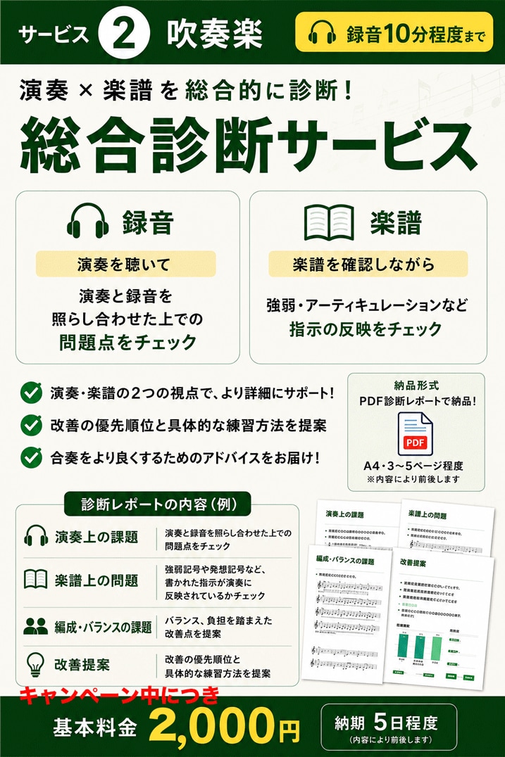 吹奏楽の合奏録音と楽譜を見て、総合的に診断します 楽譜と照らし合わせ、演奏の課題と魅力をより深く見つけます イメージ1