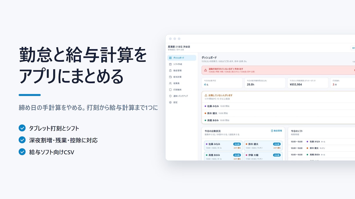 飲食店の勤怠と給与計算をアプリ化します 締め日の手計算をやめる。打刻から給与計算まで1つに イメージ1