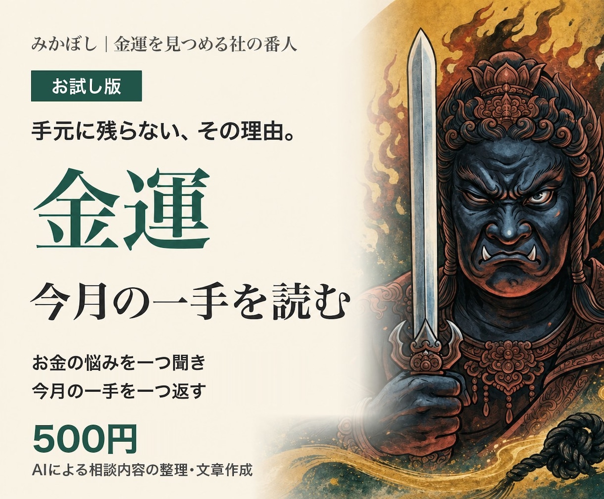 金運の悩みを一つ聞き、今月の一手を返します お試し版。気になるお金の悩みを一つだけ見つめる イメージ1