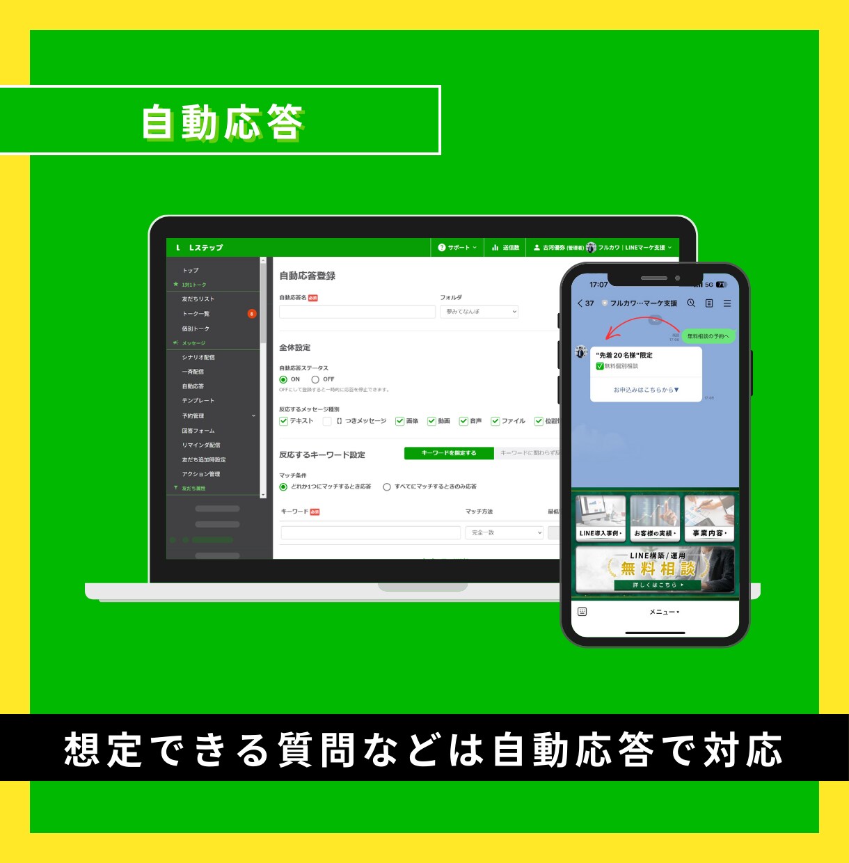 プロのマーケターがLINEの構築/運用を代行します 知識が0でも大丈夫！手厚いサポートで求める成果を達成します。 イメージ9