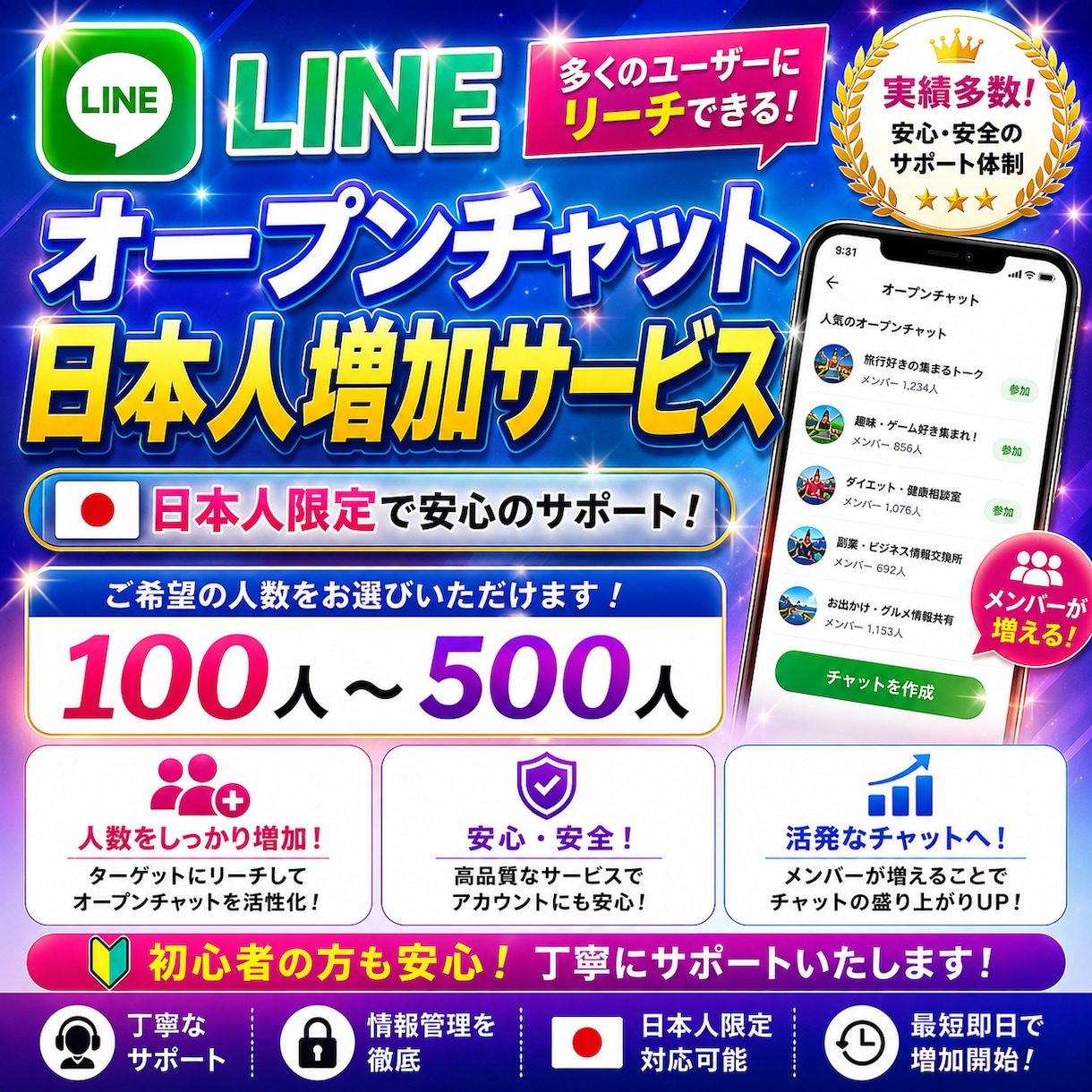 LINEオープンチャット日本人100人増やします 最大500人増加まで対応可能！100人＝5時間でスピード納品 イメージ1