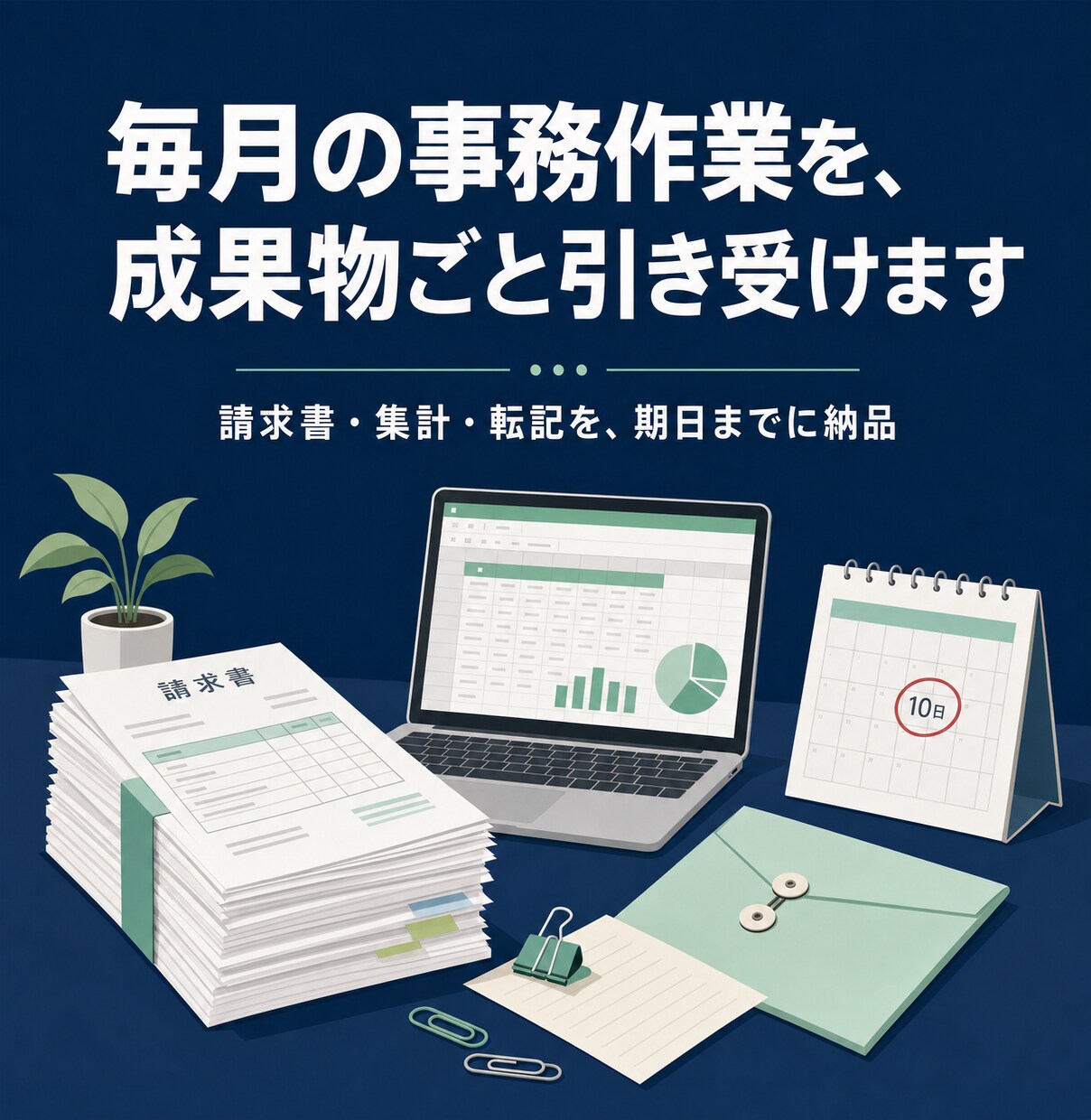 毎月の事務作業を成果物ごと引き受けます 請求書・集計・転記を期日までに納品する形で イメージ1