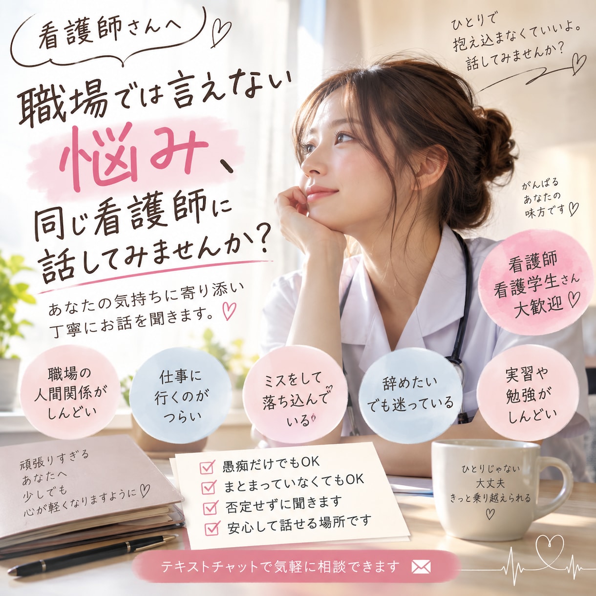 看護師さんのお仕事の悩みを聞きまます 同じ看護師だから分かる職場や人間関係の悩みに寄り添います イメージ1