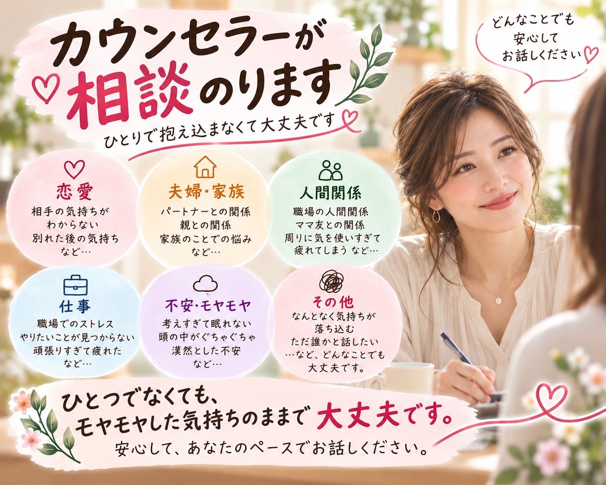 誰かに話を聞いてほしい…心のモヤモヤに寄り添います うまく話せなくても大丈夫。あなたの気持ちを聞きいて整理します イメージ5