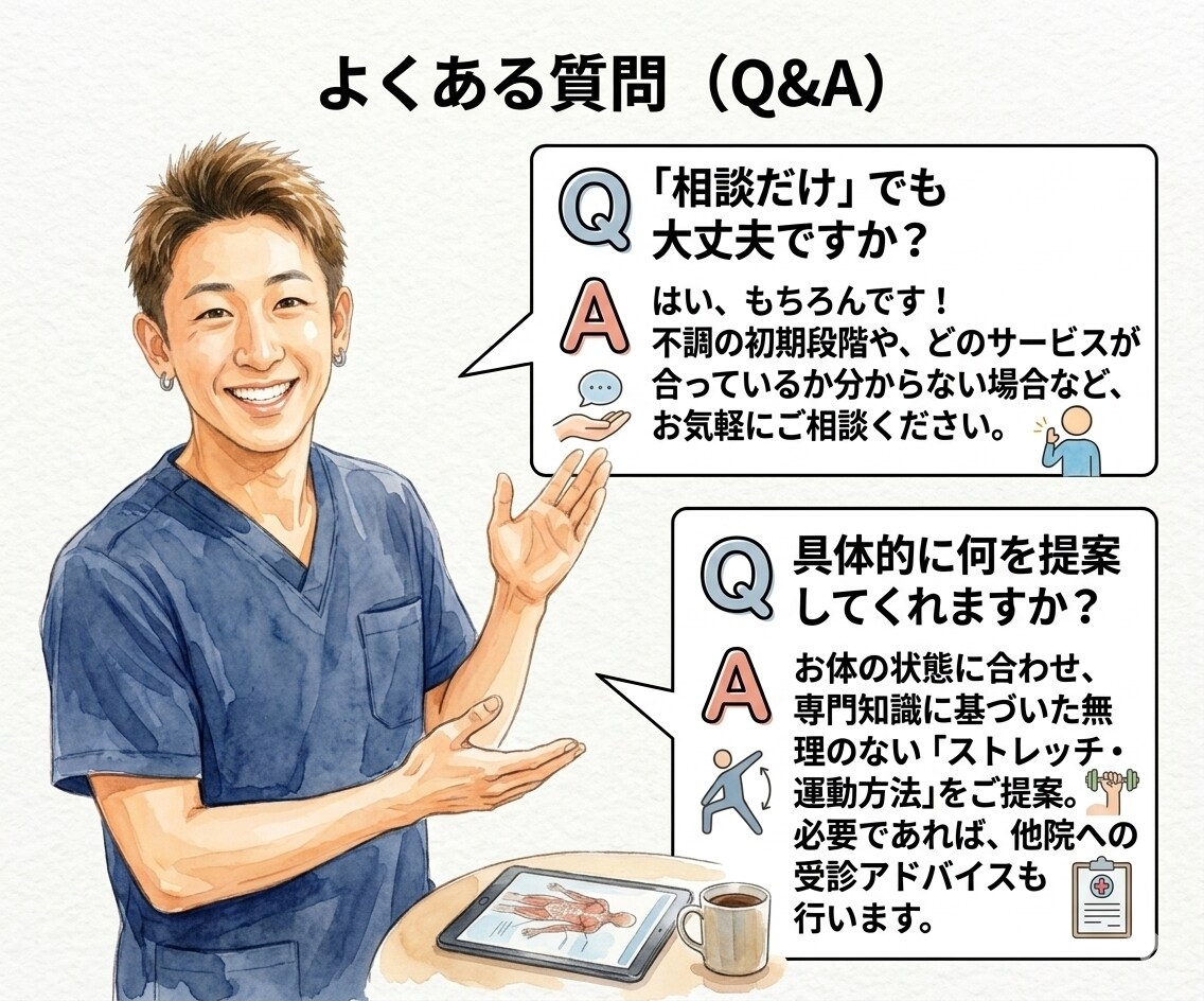 身体の悩みや不調に寄り添い、一緒に向き合います 生活期の理学療法士があなたの悩みを優しく聞きます。 イメージ6