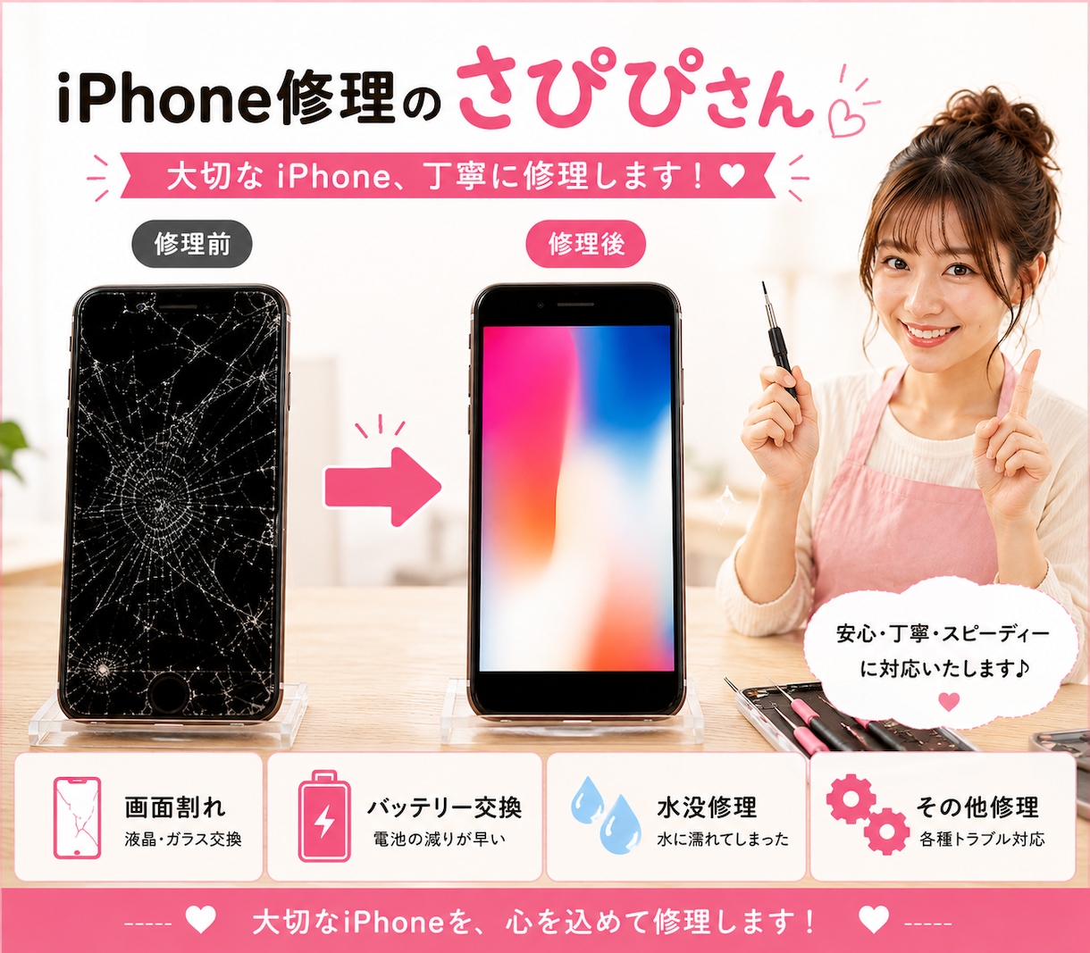 iPhone修理いたします お問い合わせのみOK！郵送で全国OK！丁寧に対応いたします♪ イメージ1