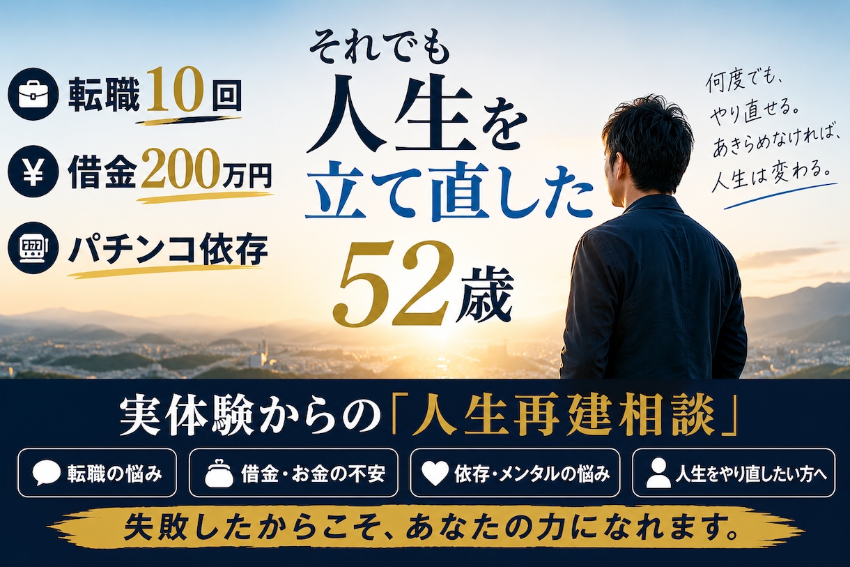 人生再建を実体験から一緒に考えます 転職10回・借金から人生を立て直した経験で相談に乗ります イメージ1