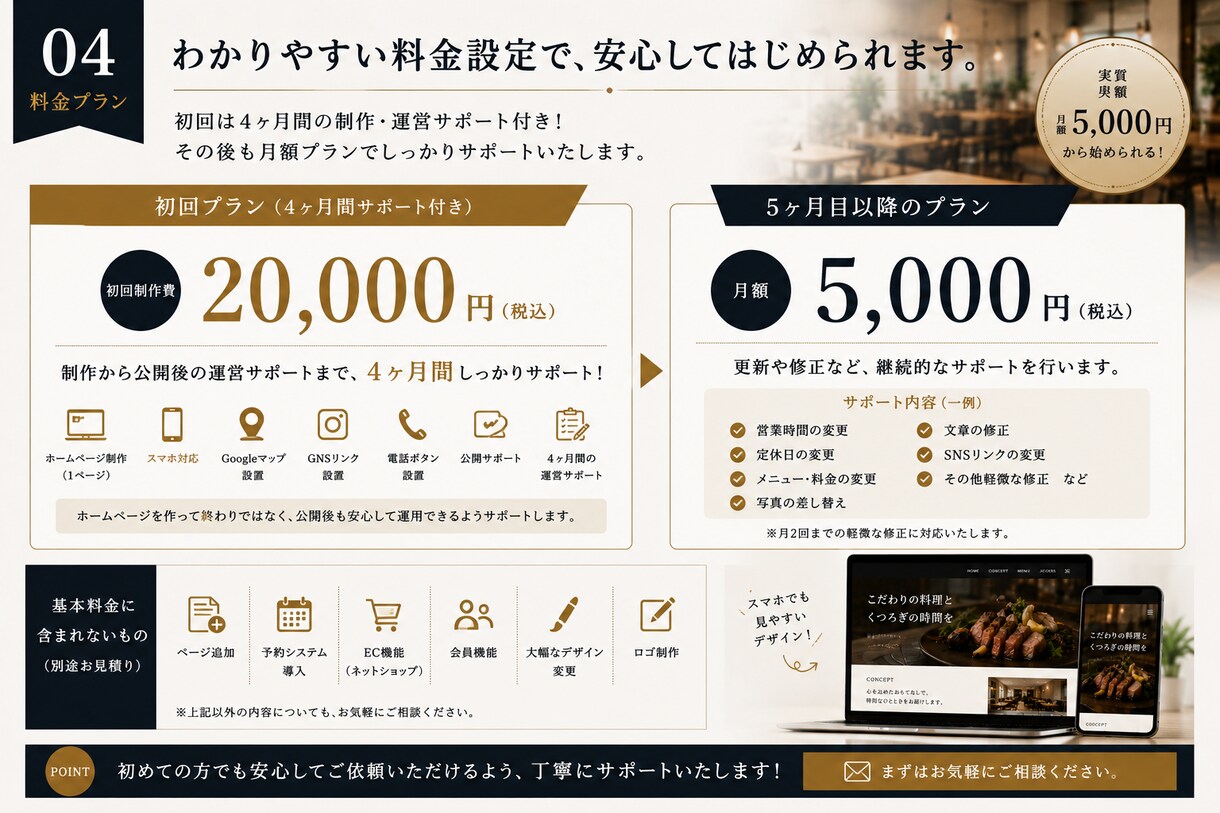店舗ホームページを4ヶ月間制作・運営サポートします 店舗向けホームページを4ヶ月サポート付きで制作します イメージ4