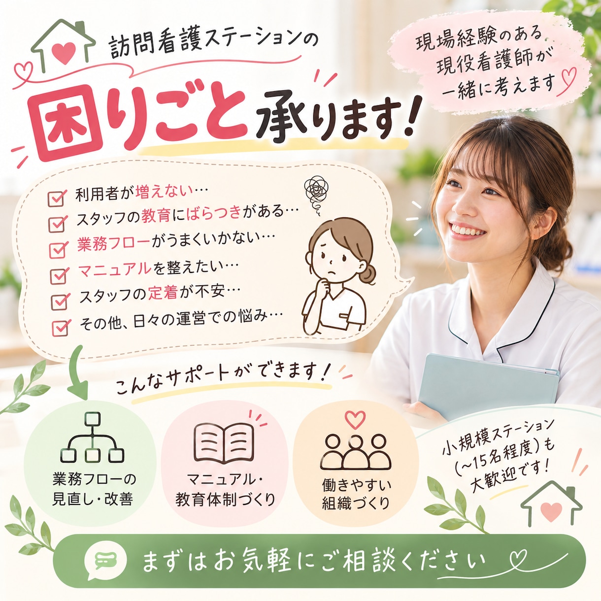 訪問看護ステーションのお困りごと承ります 現場の声に寄り添い一緒に考えます イメージ1