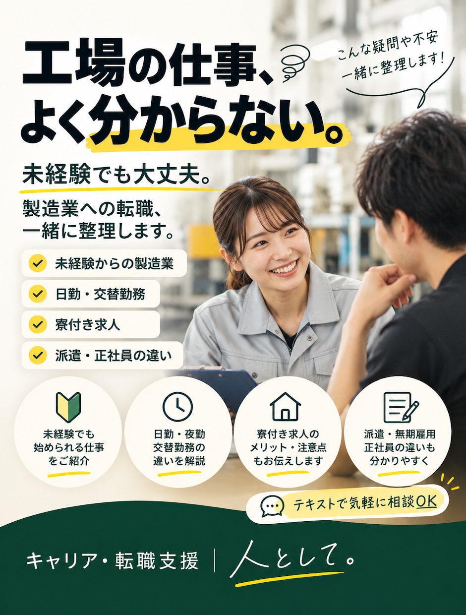 製造業への転職相談に乗ります 未経験でも大丈夫。工場求人の疑問や不安を一緒に整理します イメージ1