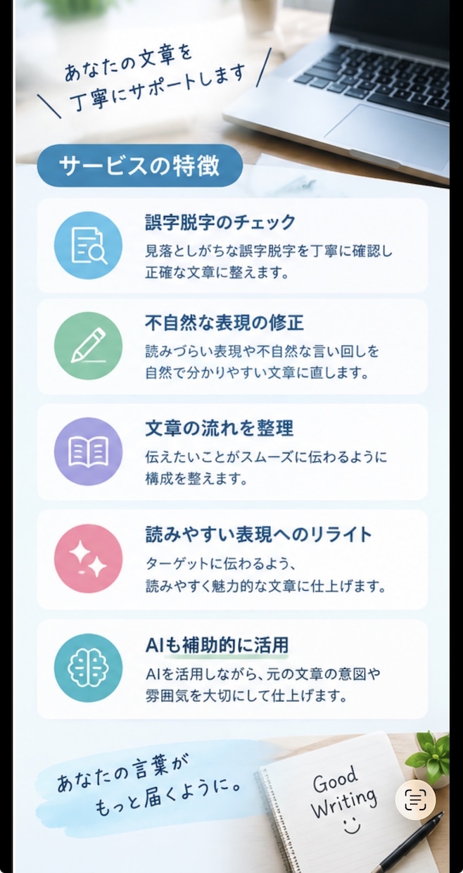 SNS・ブログ・noteの文章を読みやすく整えます 伝わりやすく自然な文章に整えます イメージ3