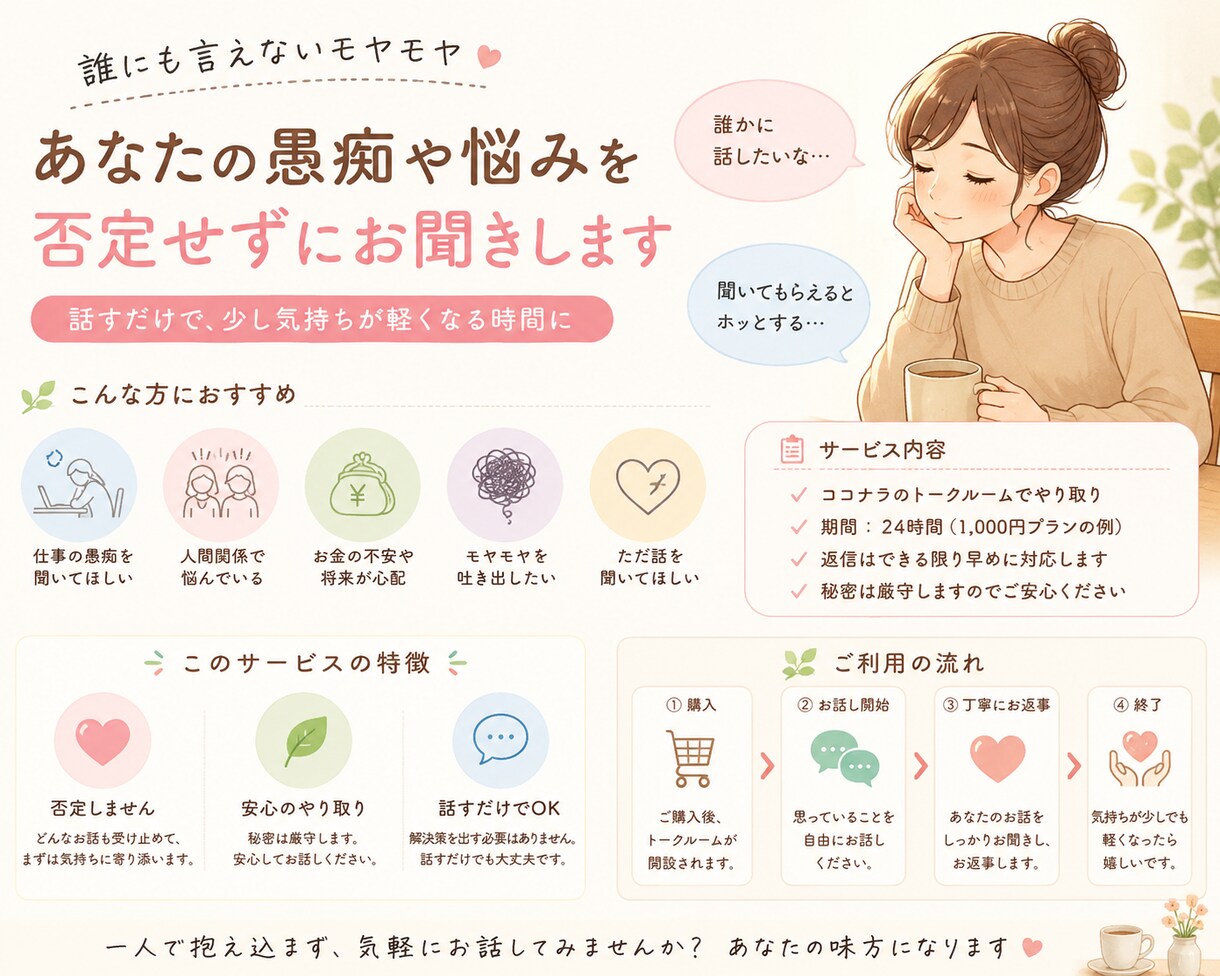 誰にも言えない悩みや愚痴を否定せずお聞きします 「話すだけでも大丈夫。あなたの気持ちを受け止めます」 イメージ1