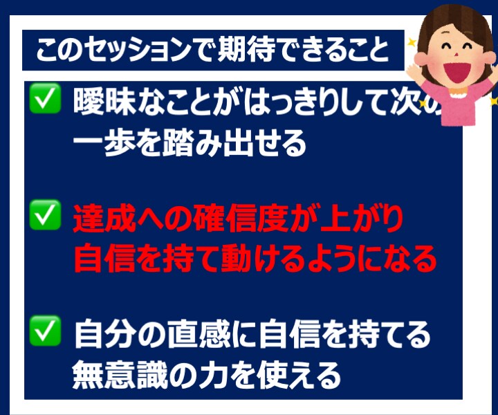 目標曖昧な人の目標が明確になるセッションをします ゴール達成へのワクワク感・確信度が上がって楽しく動けます イメージ3