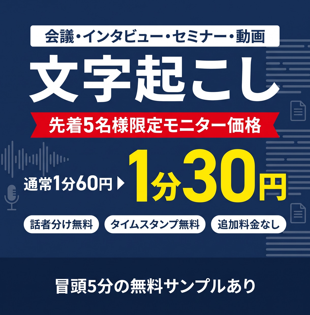 先着5名様！1分30円で文字起こしします 通常60円→モニター価格｜話者分け・タイムスタンプ無料 イメージ1