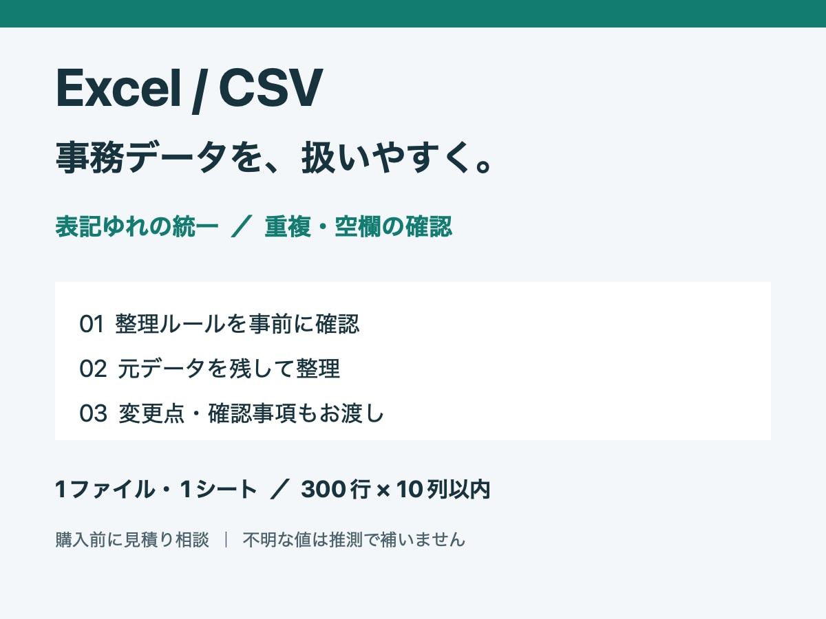 Excel・CSVの表記ゆれを整理します 重複・空欄も確認。元データを残して整理します イメージ1