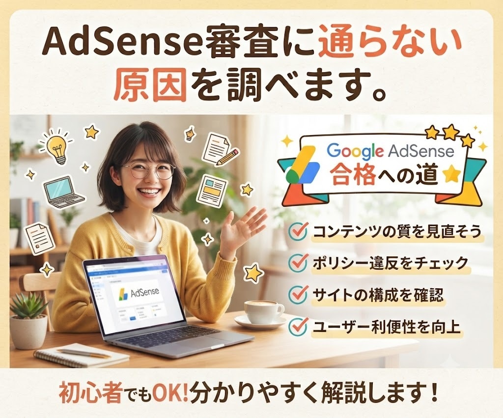 グーグルアドセンスの審査に通らない原因を調べます 審査に受かるにはどうしたら良いのか？詳しくお伝えします。 イメージ1