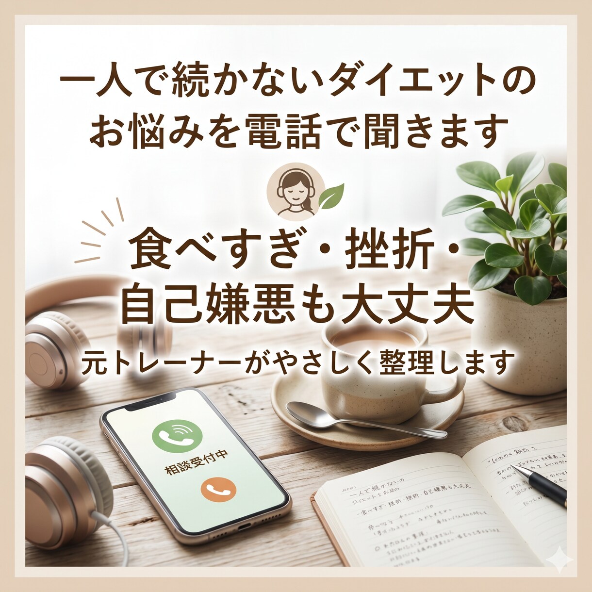 一人で続かないダイエットのお悩みを電話で聞きます 食べすぎ・挫折経験も大丈夫。元トレーナーが優しく整理します イメージ1