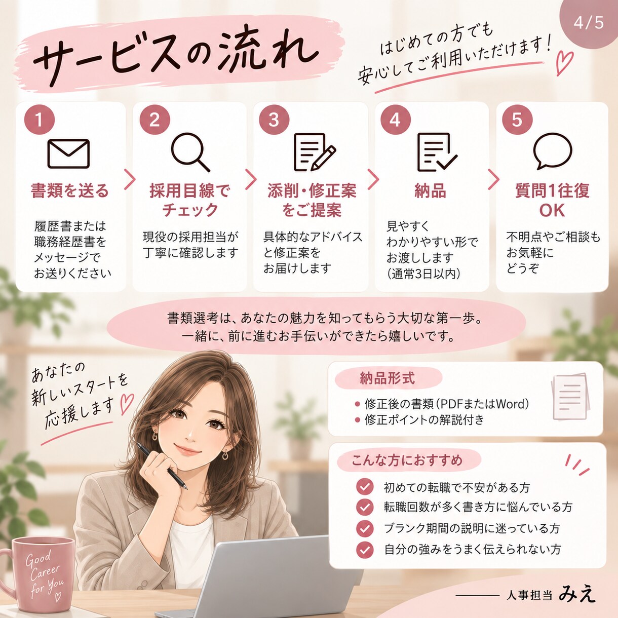 書類選考で会いたいと思われる応募書類に添削します 採用歴20年以上｜面接で聞かれやすいポイントまで解説 イメージ5