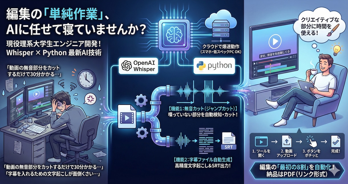 動画の無音カット＆字幕生成をAIで全自動化します 面倒なカット作業と文字起こしを0秒に。最強の時短ツール提供 イメージ1