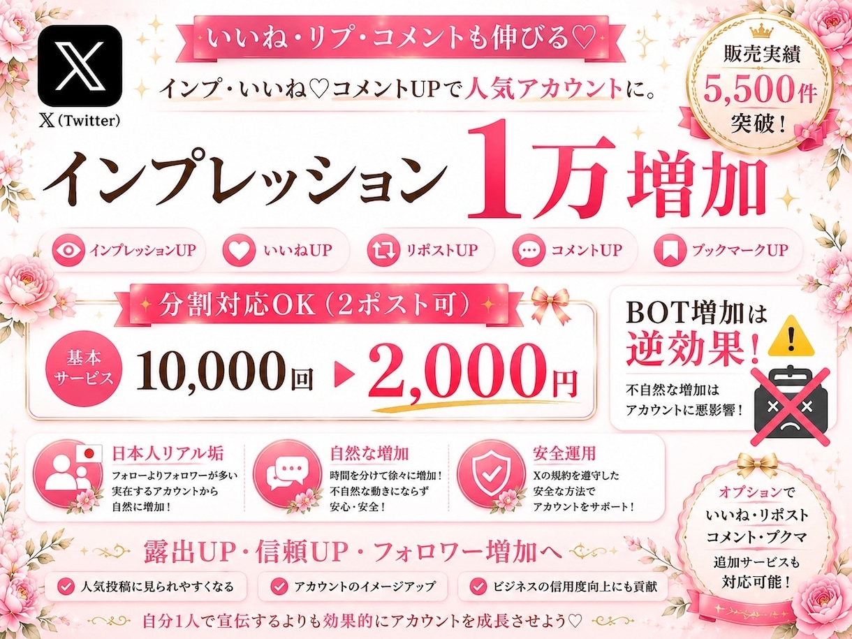 Xインプレッション10000回増加します 分割対応可能！インプ・いいね♡コメントUPで人気アカウントに イメージ1
