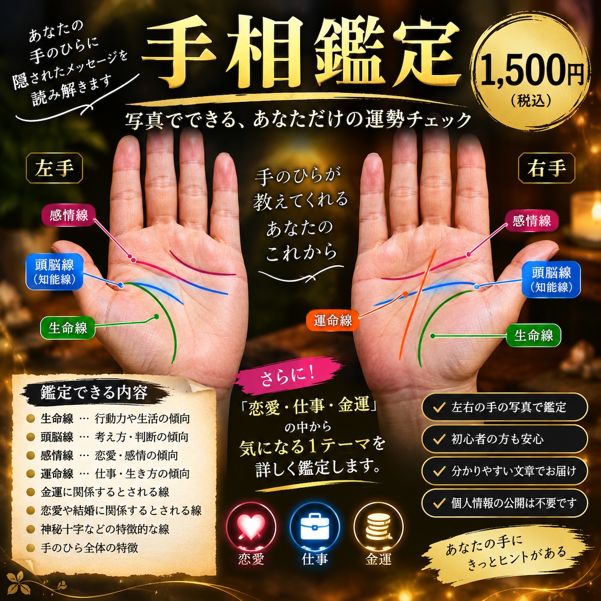 手の写真から手相を詳しく鑑定します 左右の手相から仕事・金運・恋愛を丁寧に読み解きます イメージ1