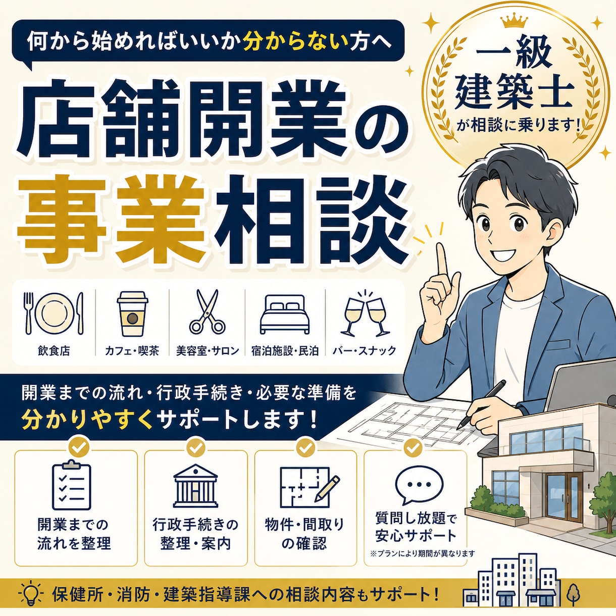 一級建築士が店舗の開業へのサポートをいたします 店舗の開業までの流れ・行政手続き・必要な準備をサポートします イメージ1