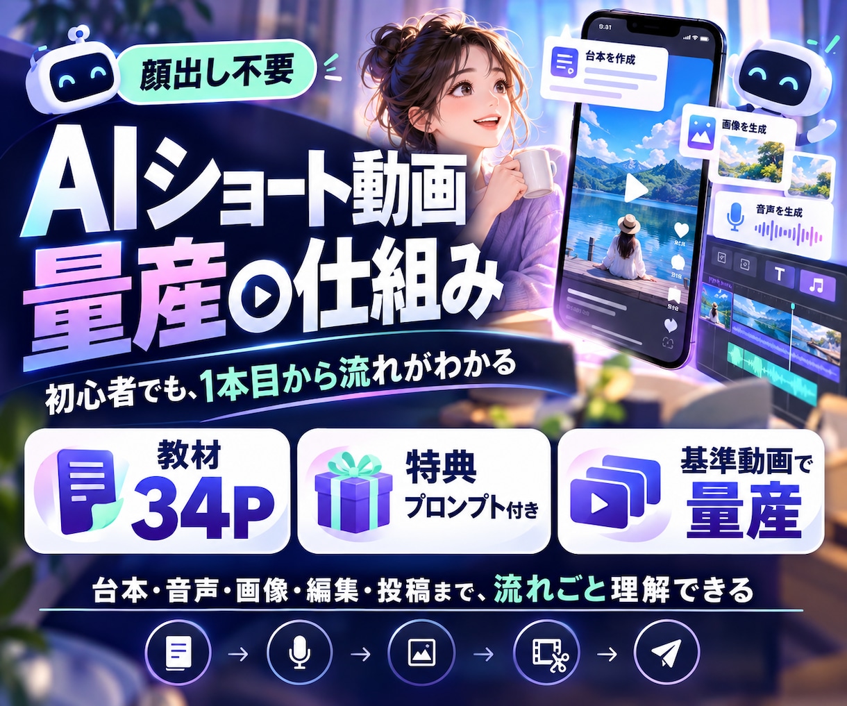 顔出し不要｜AIショート動画量産の仕組みを教えます 投稿を7工程に分け、最初の1本を基準動画として半自動化します イメージ1