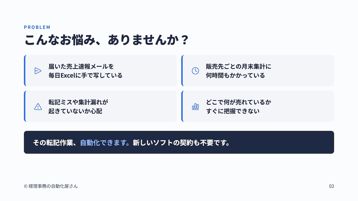 売上や問い合わせメールを自動で集計します 手作業の転記ミスと集計の手間をまとめて解消します イメージ2