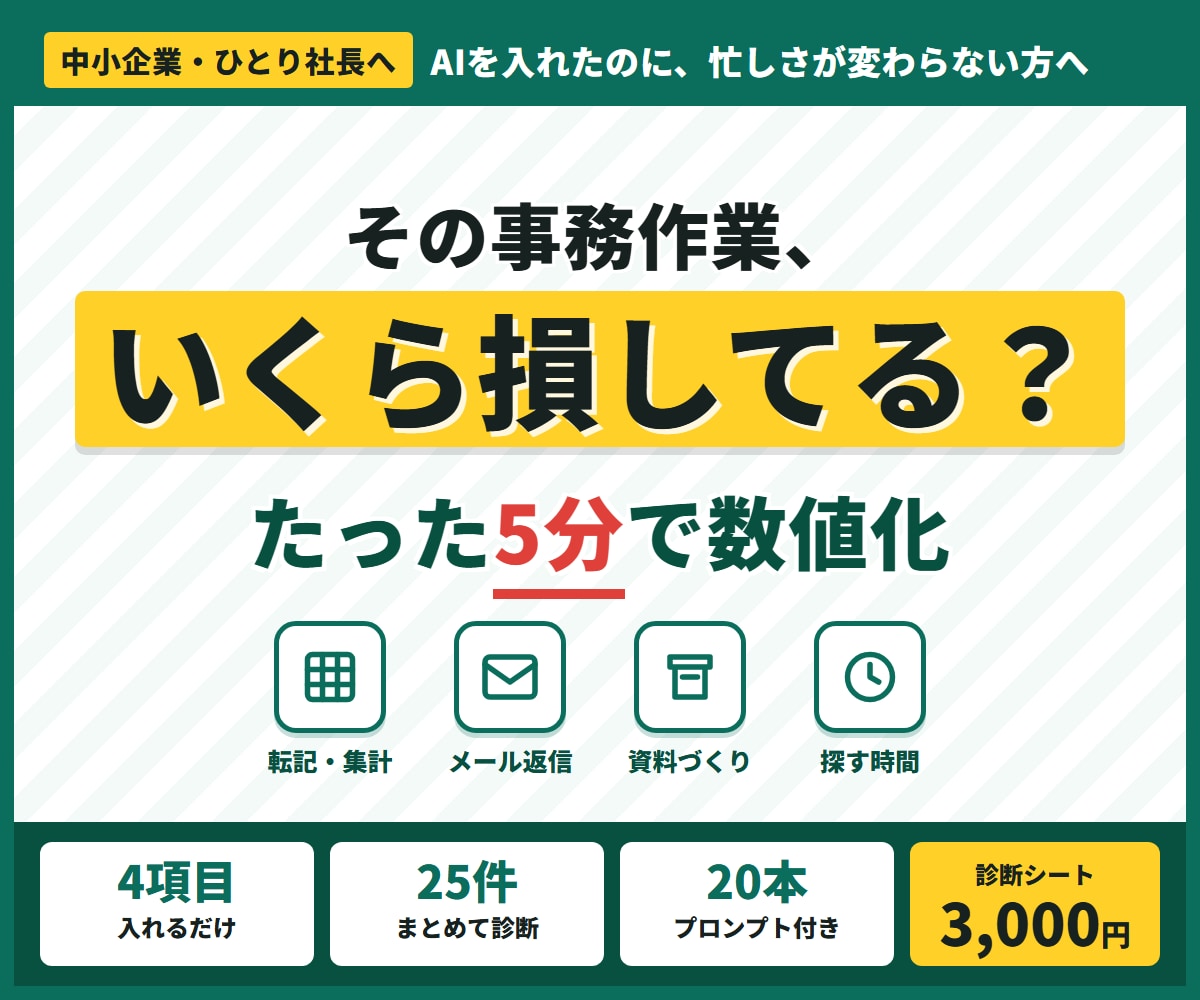 事務のどこをAIに任せるか診断します 入力5分。年間のムダ時間と削減額が自動で出る診断シート付 イメージ1