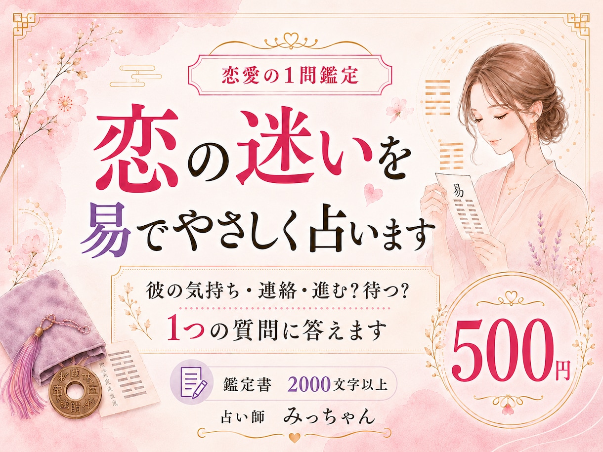 500円鑑定！恋の迷いを「易」でやさしく占います 彼の気持ち・連絡・進む/待つなど『1つの質問』に答えます イメージ1