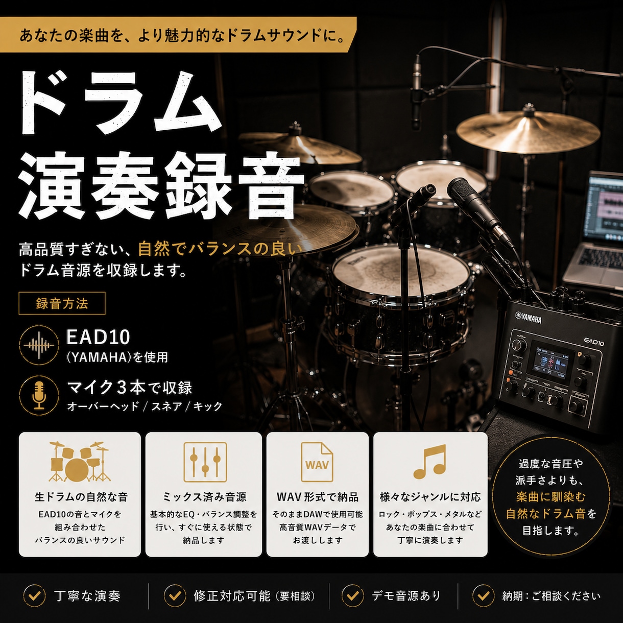 ドラム録音のご依頼承ります あなたの楽曲に生演奏のドラム音源を提供させていただきます！ イメージ1