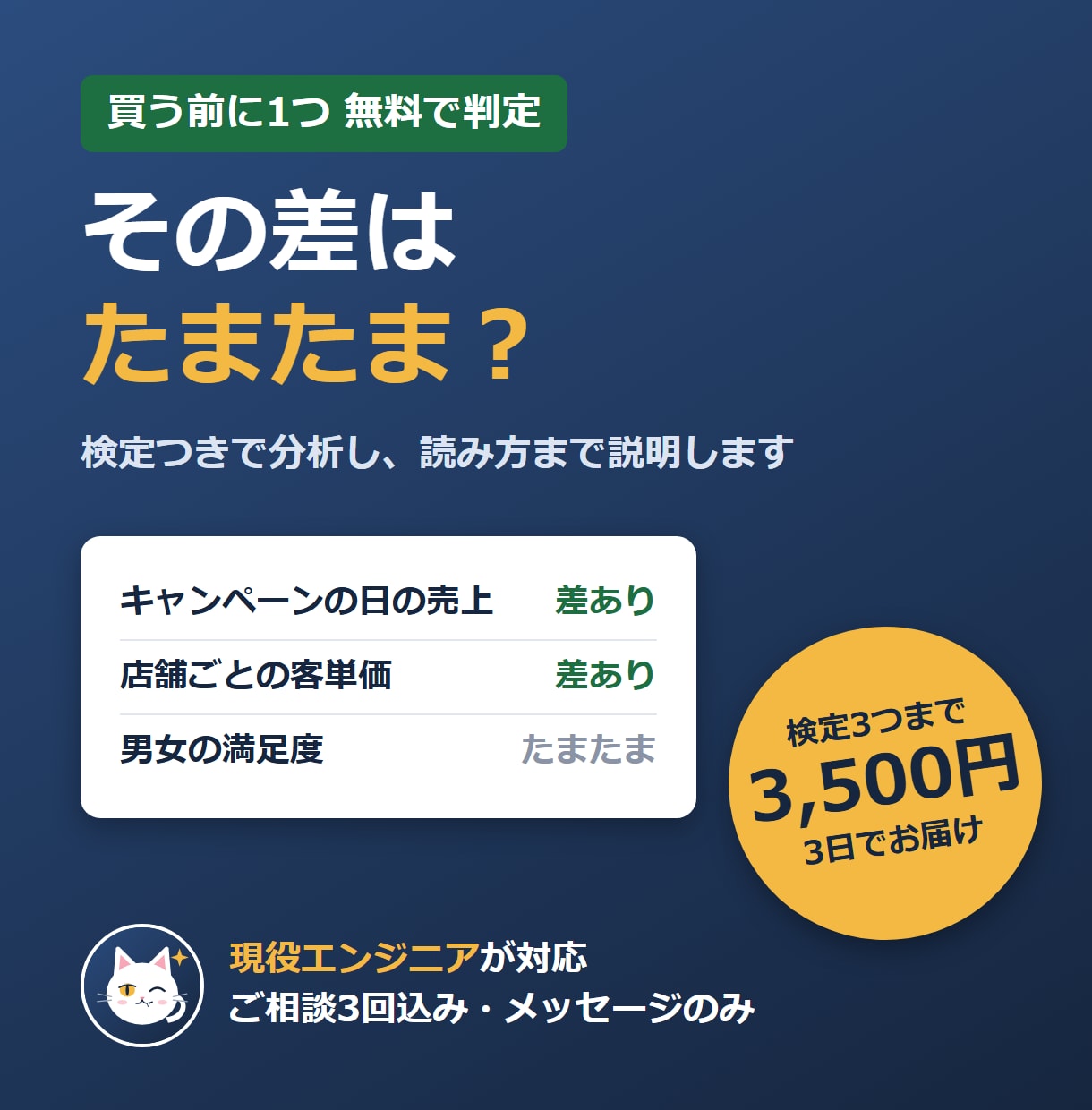 売上・業務データを統計で分析し報告書にします 買う前に1つ無料で判定・検定3つまで3,500円・3日 イメージ1